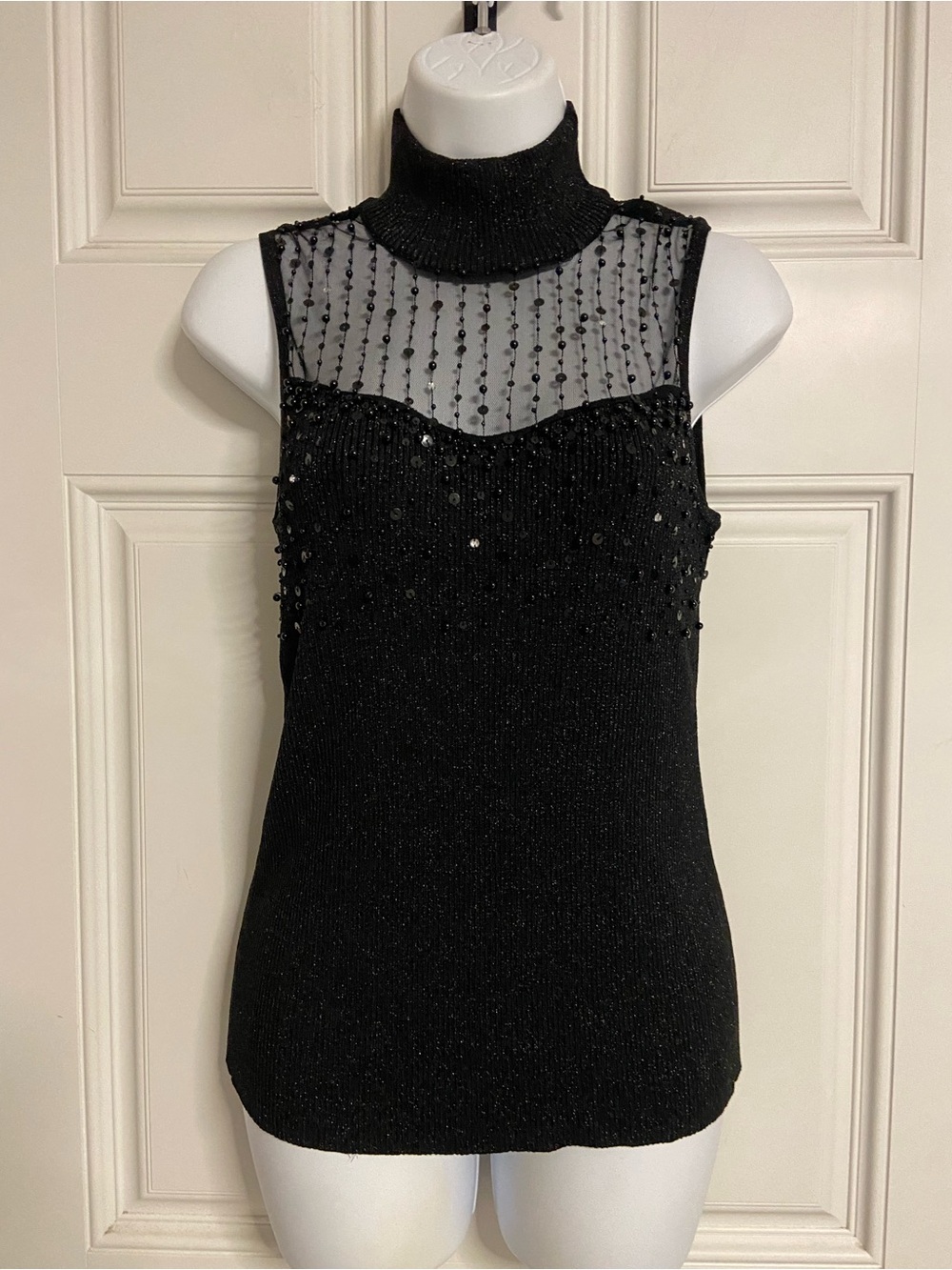 T45- CABLE & GAUGE Black Embellished Mesh Knit EVENING Top
